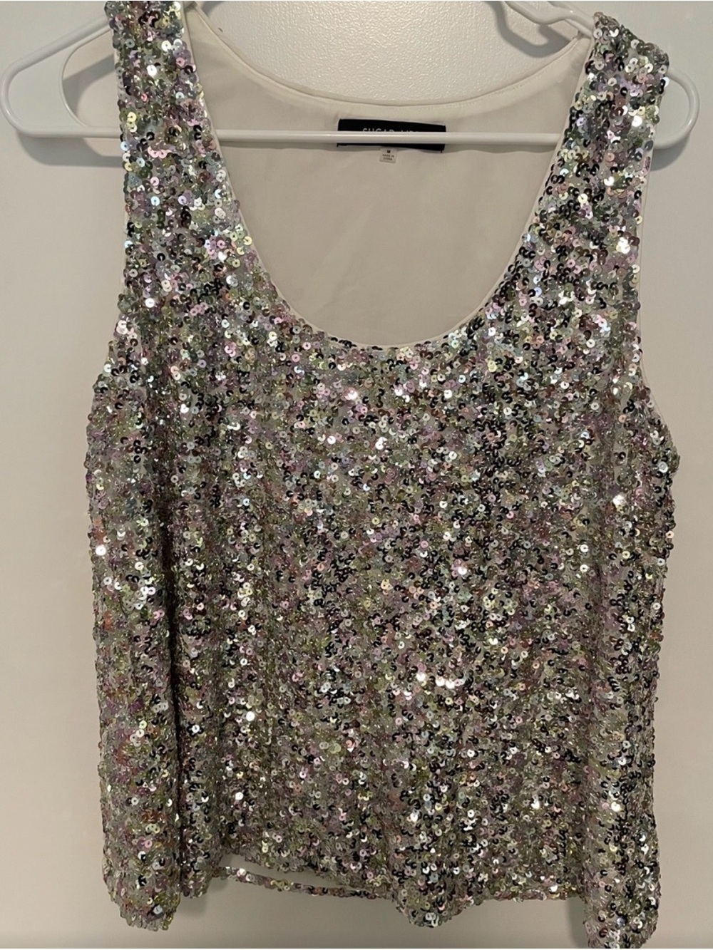 Sequin Scoop Neck Tank Top - Silver Multi